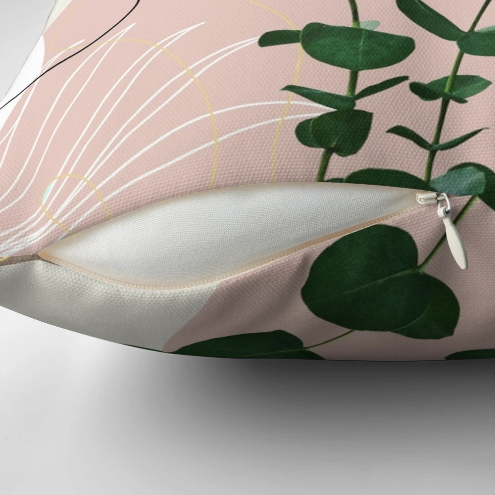 Decorative throw pillow featuring an elegant eucalyptus fan palm design in a modern, abstract style.