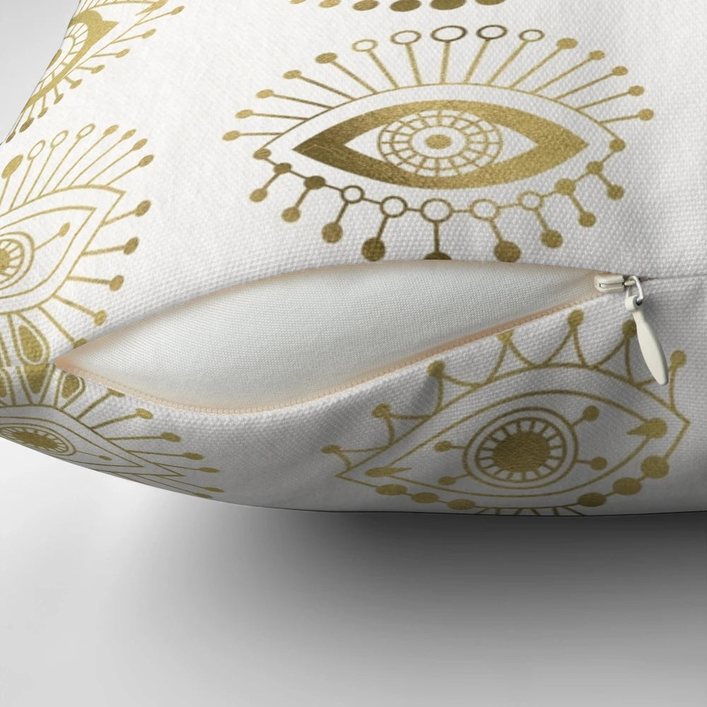 Luxurious gold pillow with evil eye motif, perfect for modern minimalist interior design or yoga/meditation spaces.