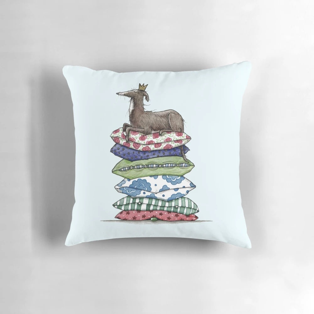 Watercolor-style illustration of a princess on a pea with a greyhound, galgo, whippet, and italian greyhound