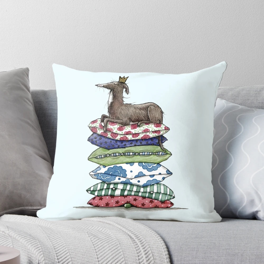 Watercolor-style illustration of a princess on a pea with a greyhound, galgo, whippet, and italian greyhound