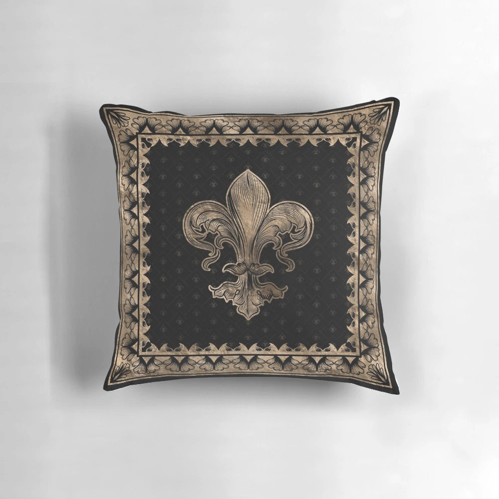Black and gold fleur-de-lis inspired decorative pillow with a touch of vintage elegance.