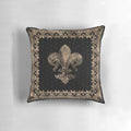 Black and gold fleur-de-lis inspired decorative pillow with a touch of vintage elegance.