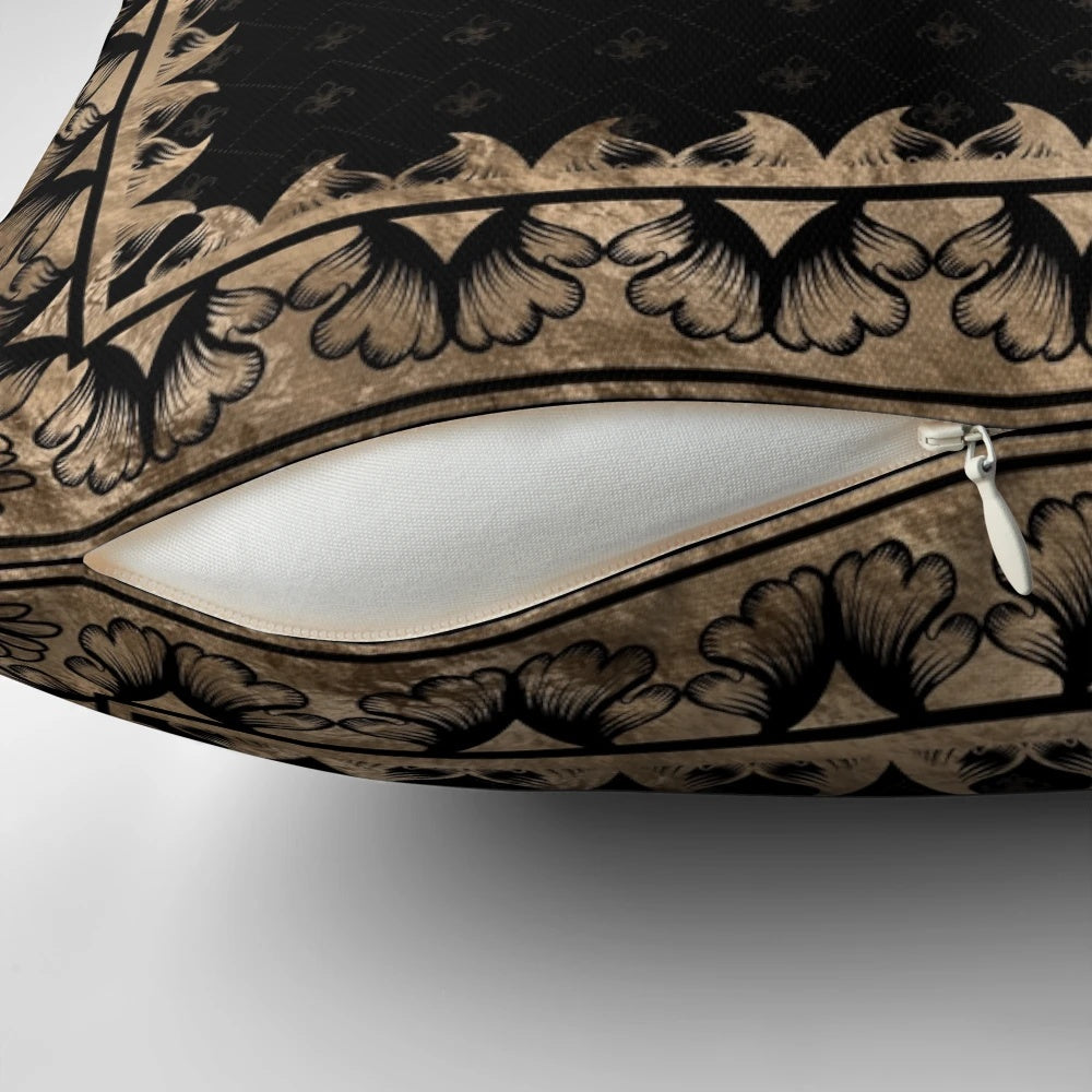 Black and gold fleur-de-lis inspired decorative pillow with a touch of vintage elegance.