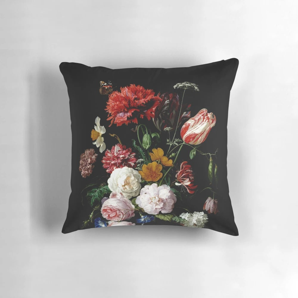 Stunning floral mural wall art featuring a bouquet of flowers in a black and white style, inspired by the Dutch artist Jan de Heem.