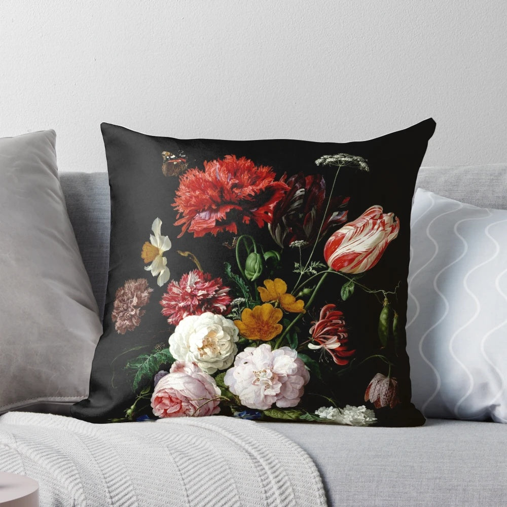 Stunning floral mural wall art featuring a bouquet of flowers in a black and white style, inspired by the Dutch artist Jan de Heem.