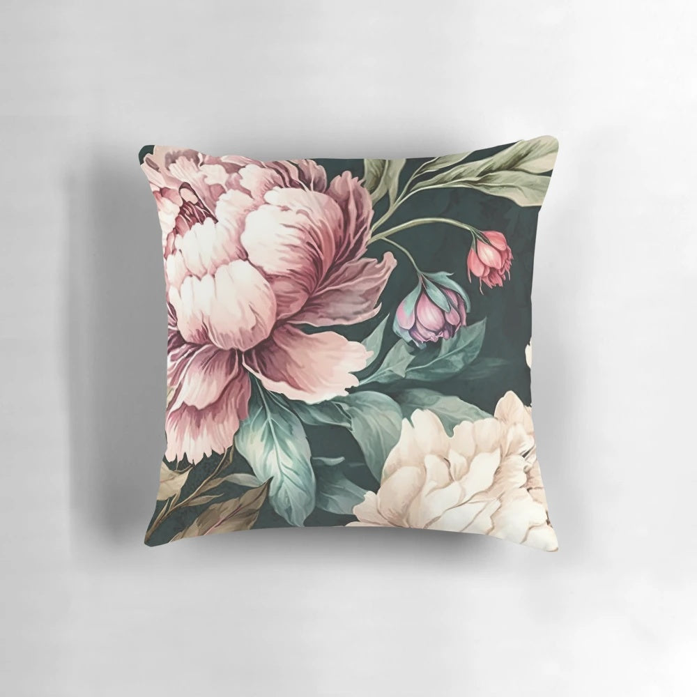 Floral peony watercolor print throw pillow with pink and pastel tones