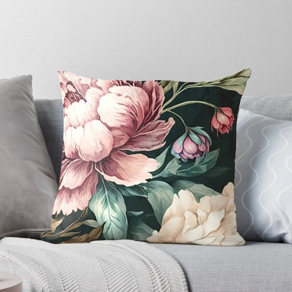 Floral peony watercolor print throw pillow with pink and pastel tones