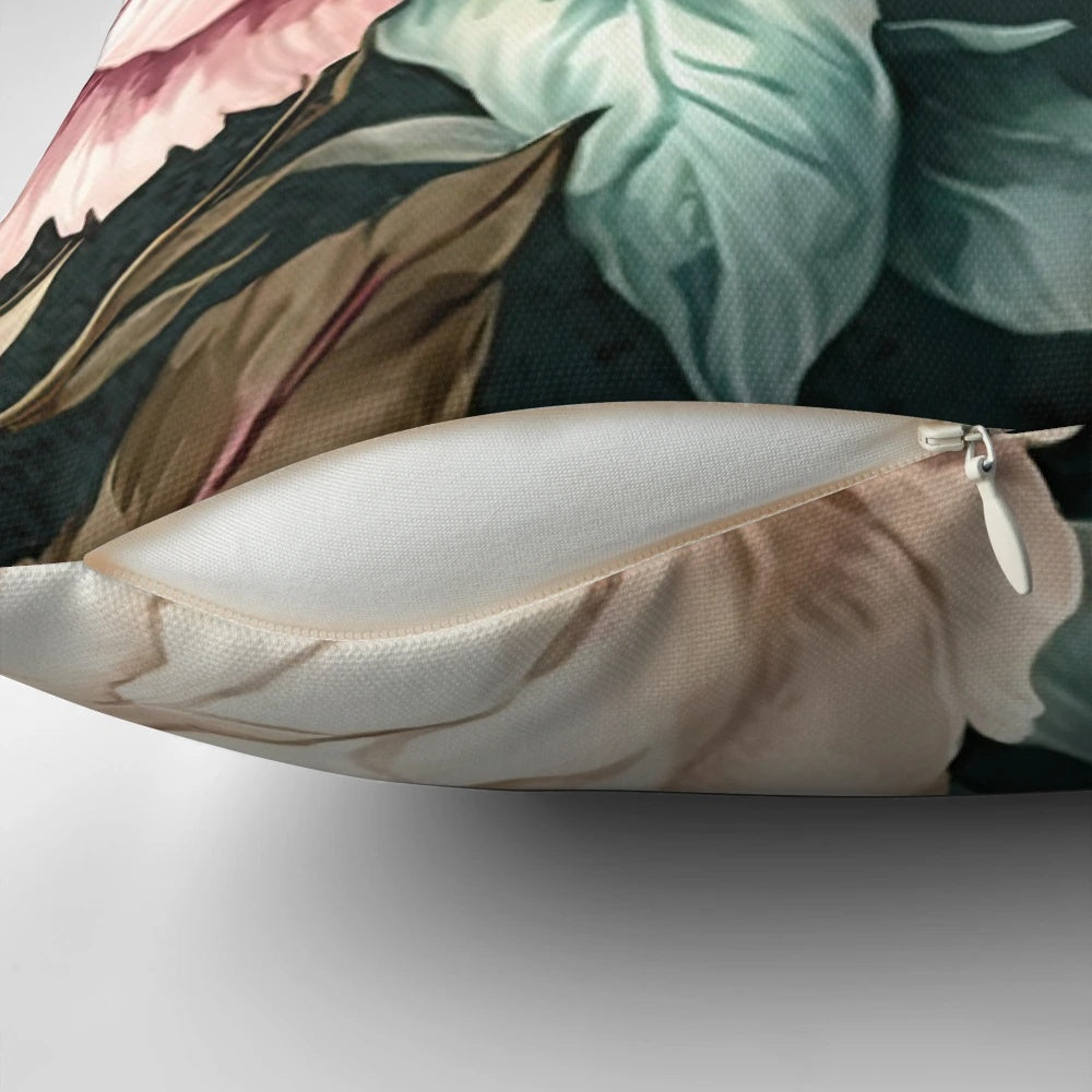 Floral peony watercolor print throw pillow with pink and pastel tones