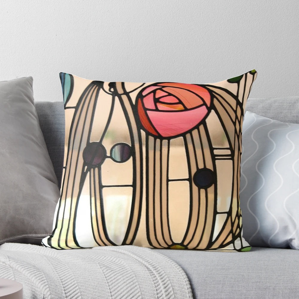 Decorative pillow with Charles Rennie Mackintosh-inspired floral pattern