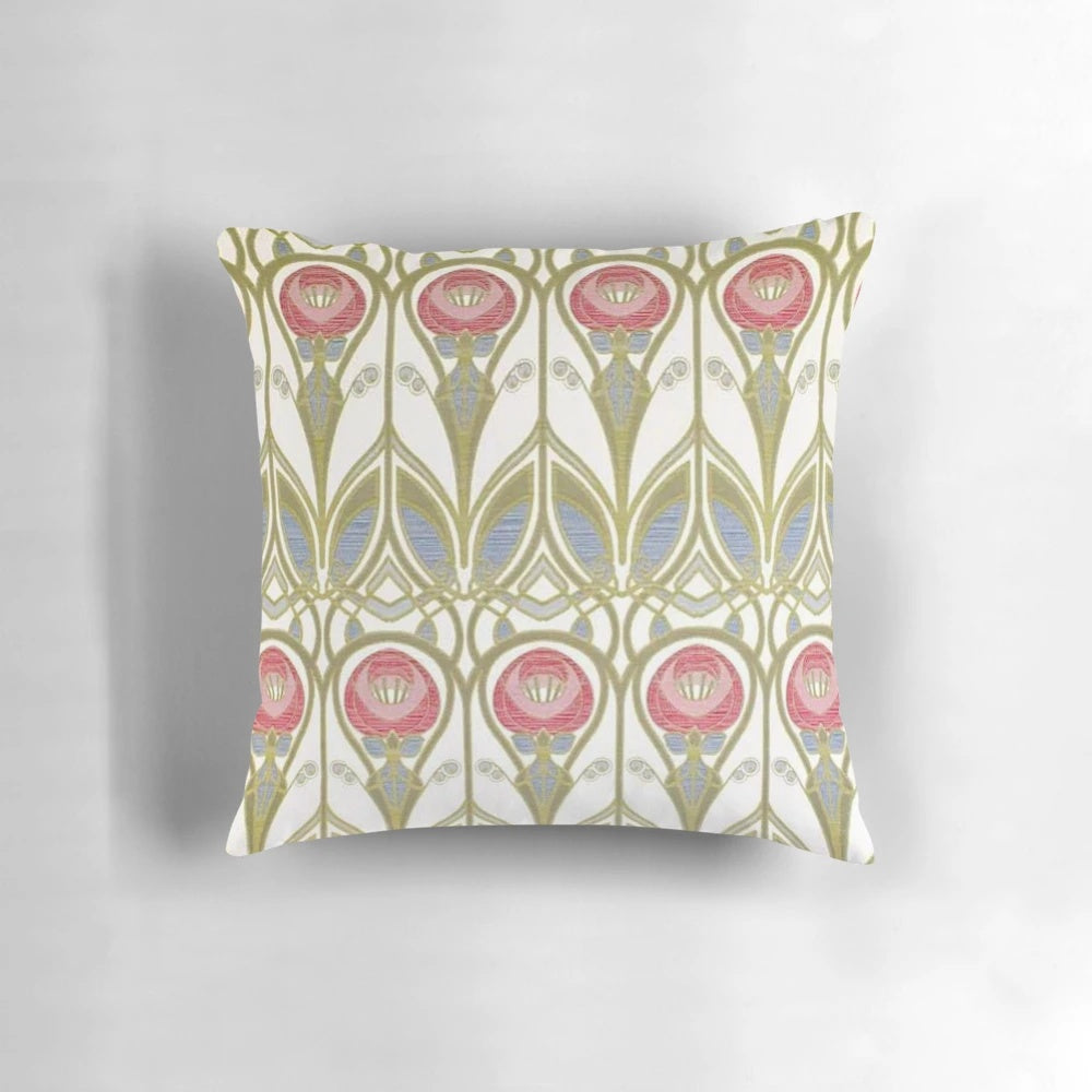 Vibrant floral pillow featuring the renowned Scottish architect and designer Charles Rennie Mackintosh's signature flower motifs