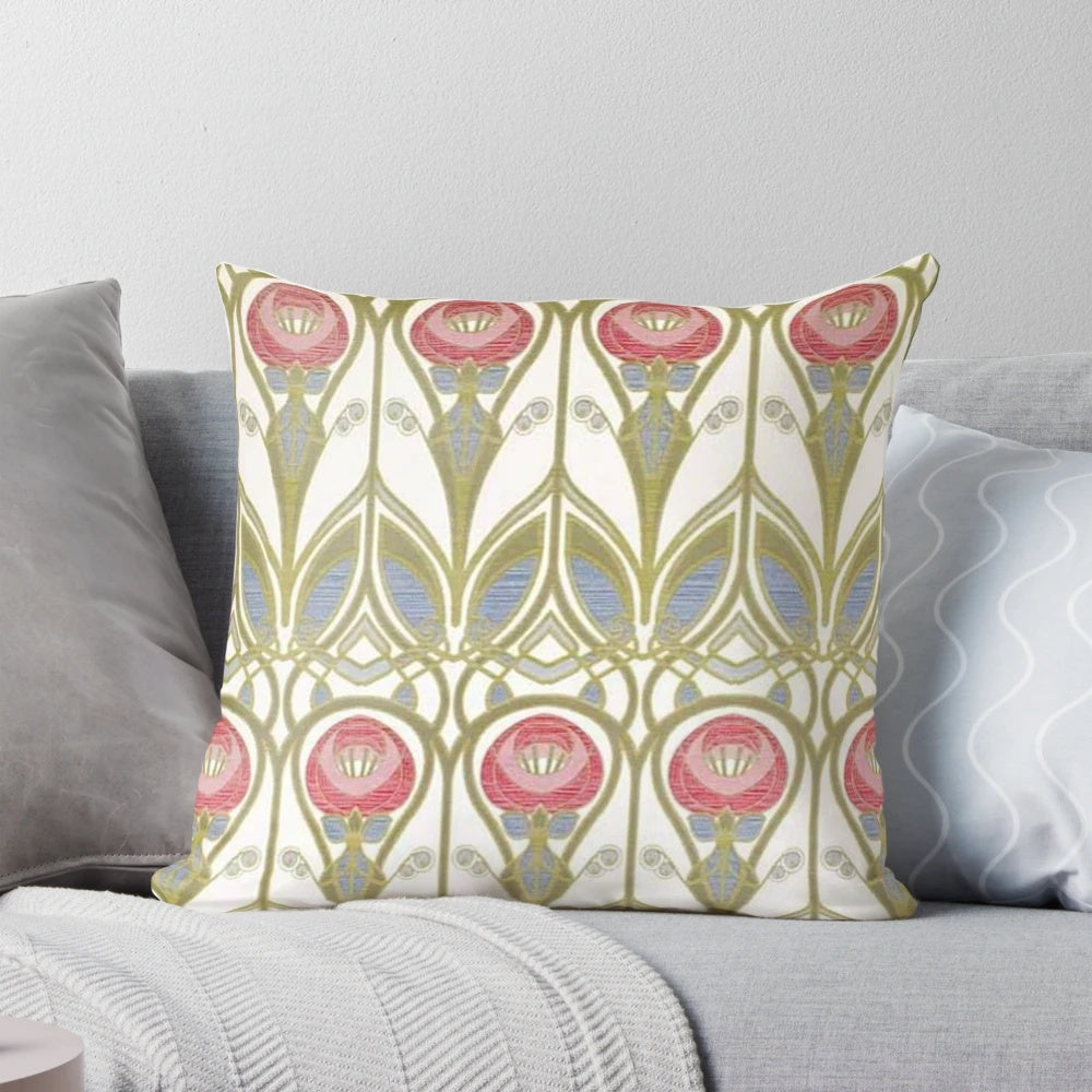 Vibrant floral pillow featuring the renowned Scottish architect and designer Charles Rennie Mackintosh's signature flower motifs