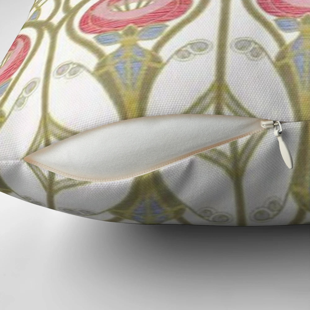 Vibrant floral pillow featuring the renowned Scottish architect and designer Charles Rennie Mackintosh's signature flower motifs