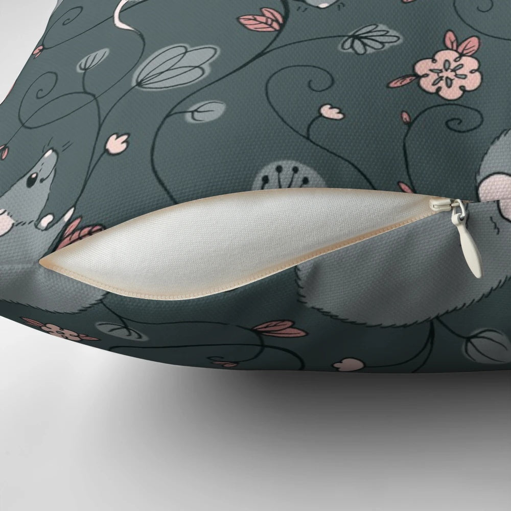 A decorative pillow featuring a floral pattern with a grey and pink color scheme, designed to appeal to pet rat owners and nature enthusiasts.