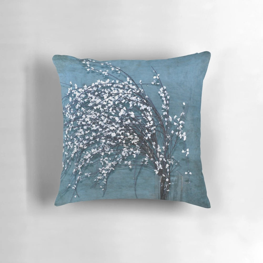 Vintage-style floral bouquet pillow in blue, white, and grey