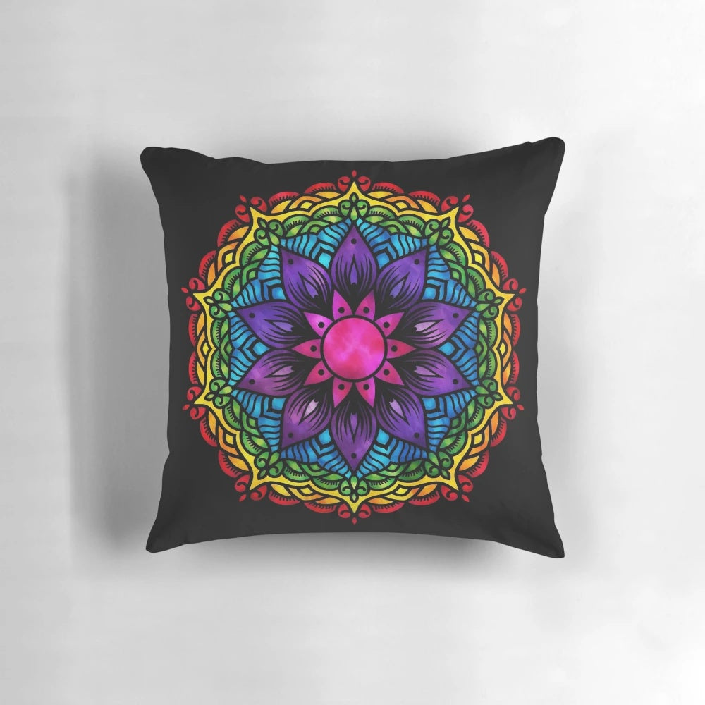 Vibrant flower chakra mandala design on a plush, decorative pillow for home decor.