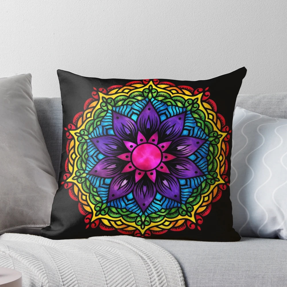 Vibrant flower chakra mandala design on a plush, decorative pillow for home decor.