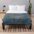 Flower of Life mandala design plush blanket in blue marble and gold