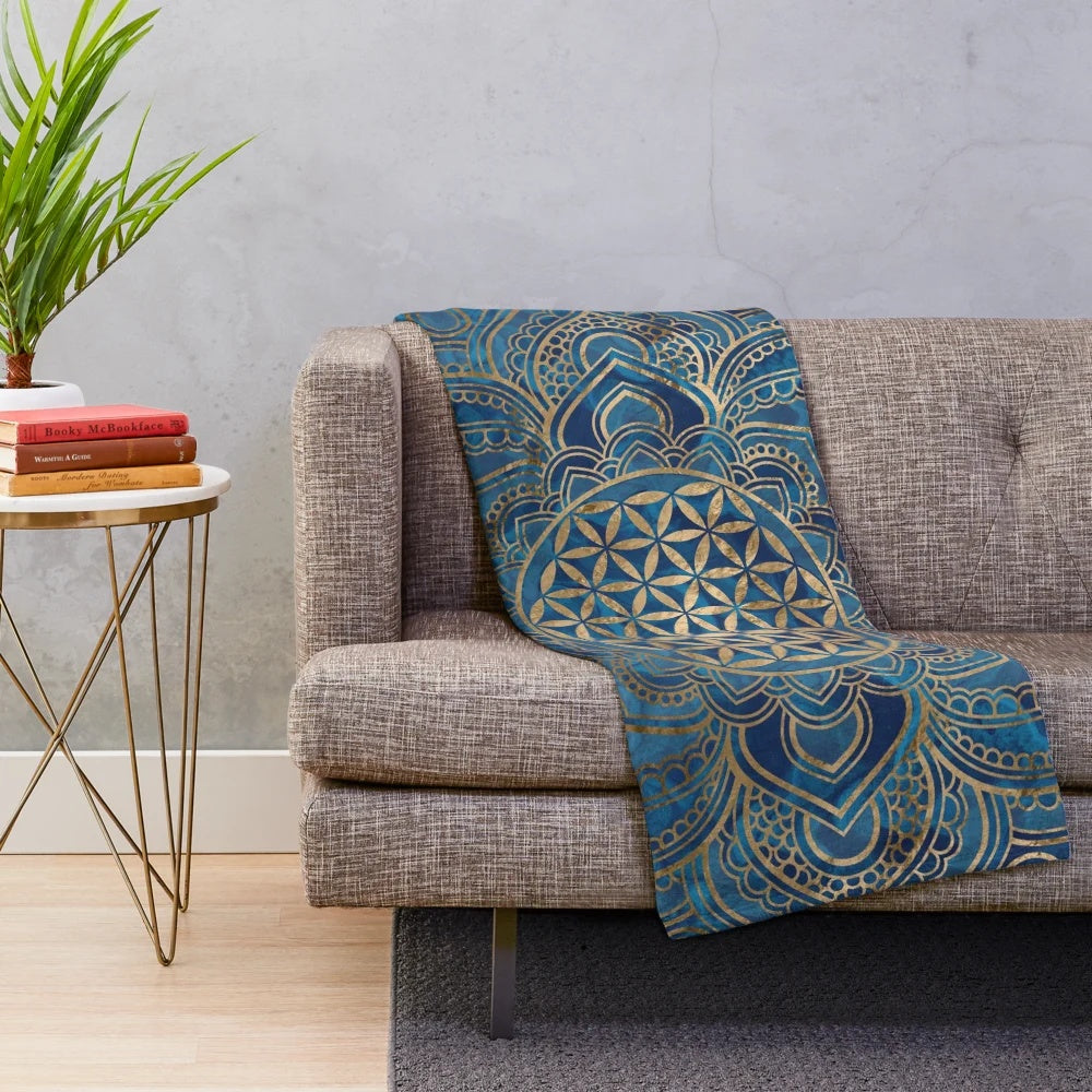 Flower of Life mandala design plush blanket in blue marble and gold