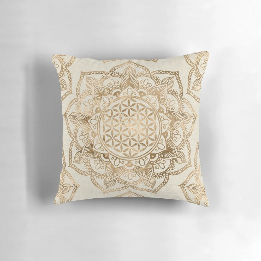 Beautifully designed Flower of Life pillow in pastel golds and canvas