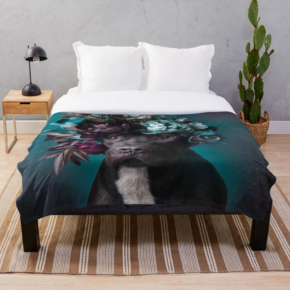Flower Power Plush Blanket with Pit Bull Design