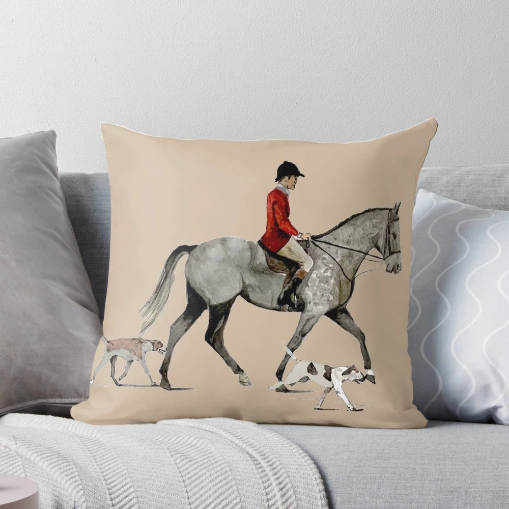 Soft, plush pillow featuring a detailed fox hunting scene