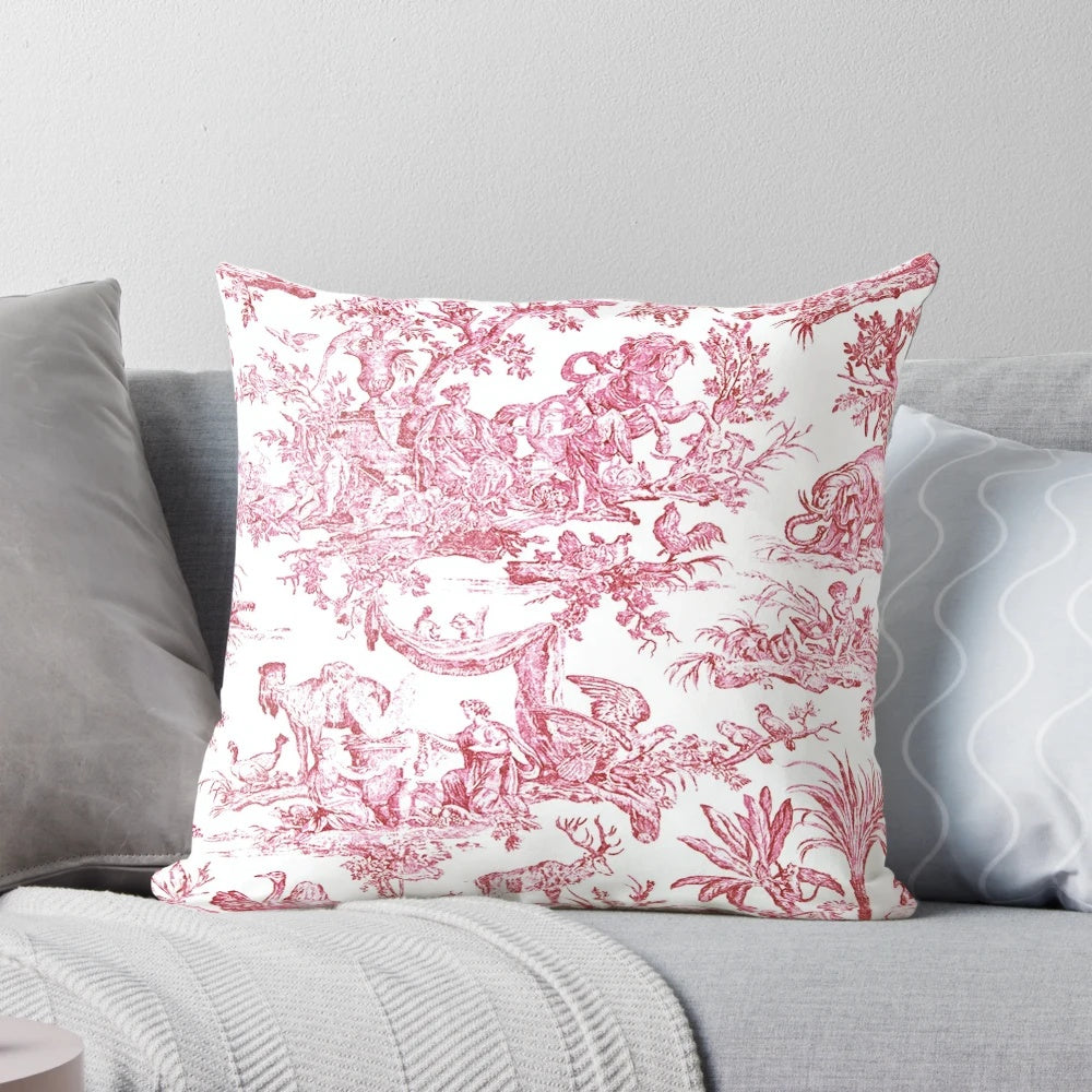 Luxurious French toile-patterned pillow with a classic, elegant design for a cozy, country-chic style.