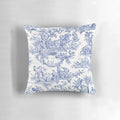 Elegant blue and white toile pattern pillow for French country-inspired home decor