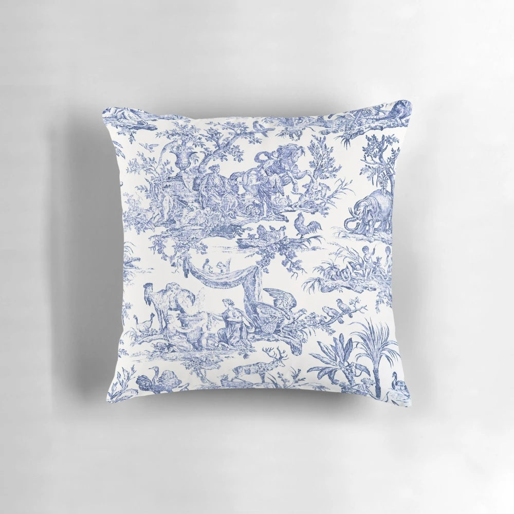 Elegant blue and white toile pattern pillow for French country-inspired home decor