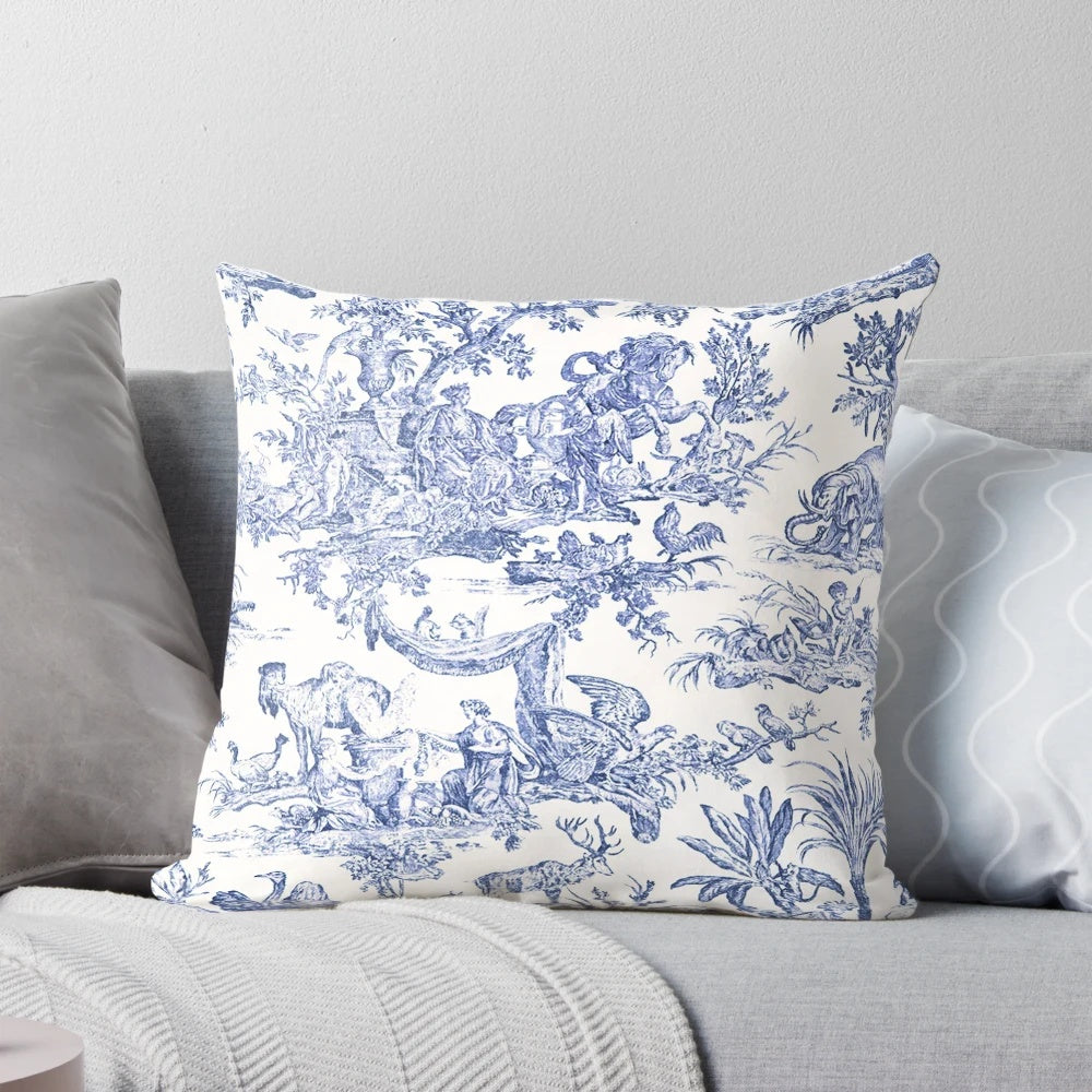 Elegant blue and white toile pattern pillow for French country-inspired home decor
