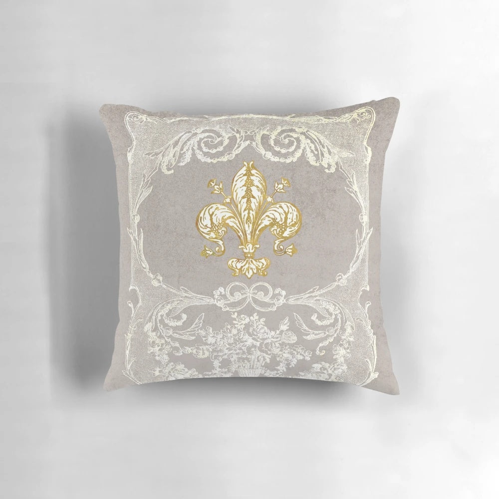 Closeup of a vintage-style grey and white floral lace decorative pillow