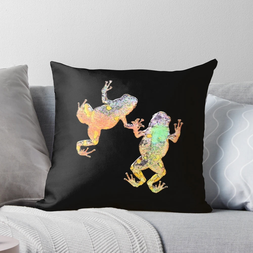 A vibrant, modern frog pillow featuring the unique dart frog design by artist Moa Råhlander.