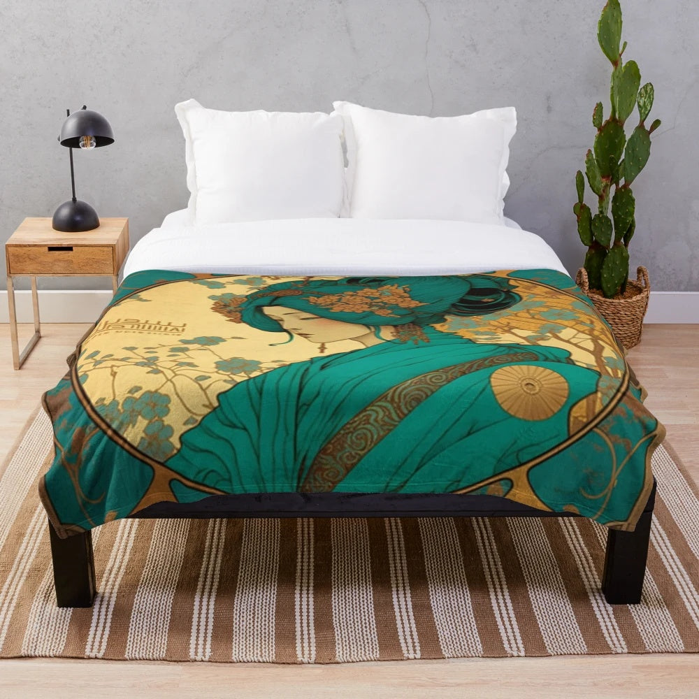 Soft and cozy plush blanket featuring a beautiful geisha design