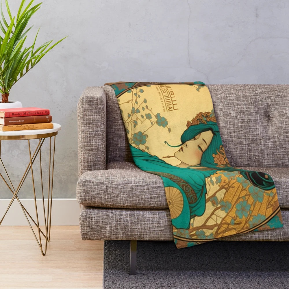 Soft and cozy plush blanket featuring a beautiful geisha design