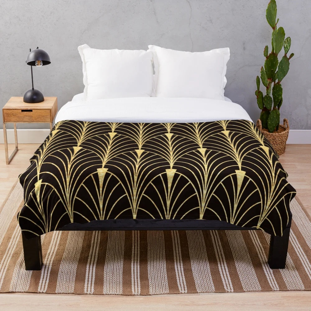 Sophisticated gold art deco pattern plush blanket