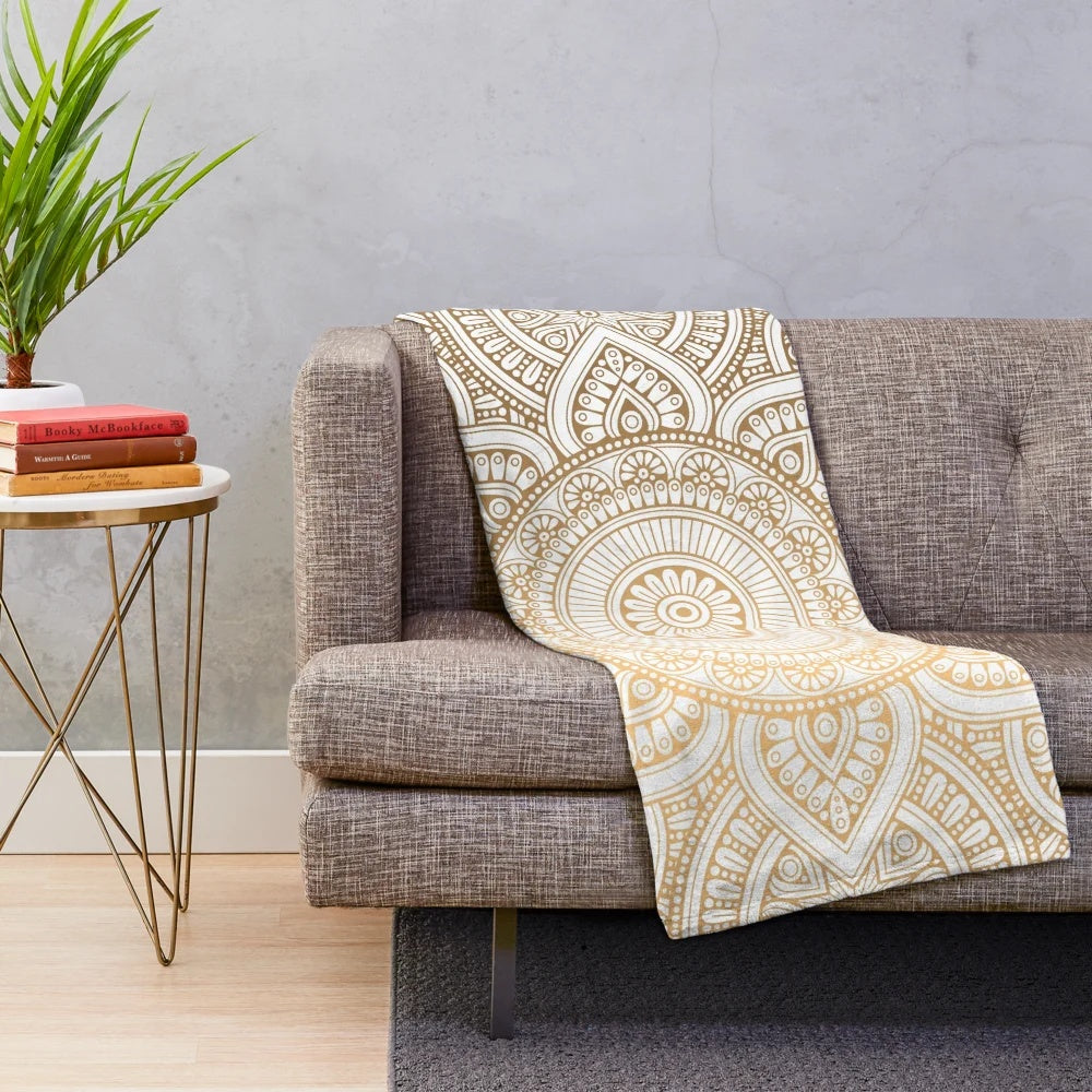 Gold mandala pattern plush blanket with shimmery abstract design