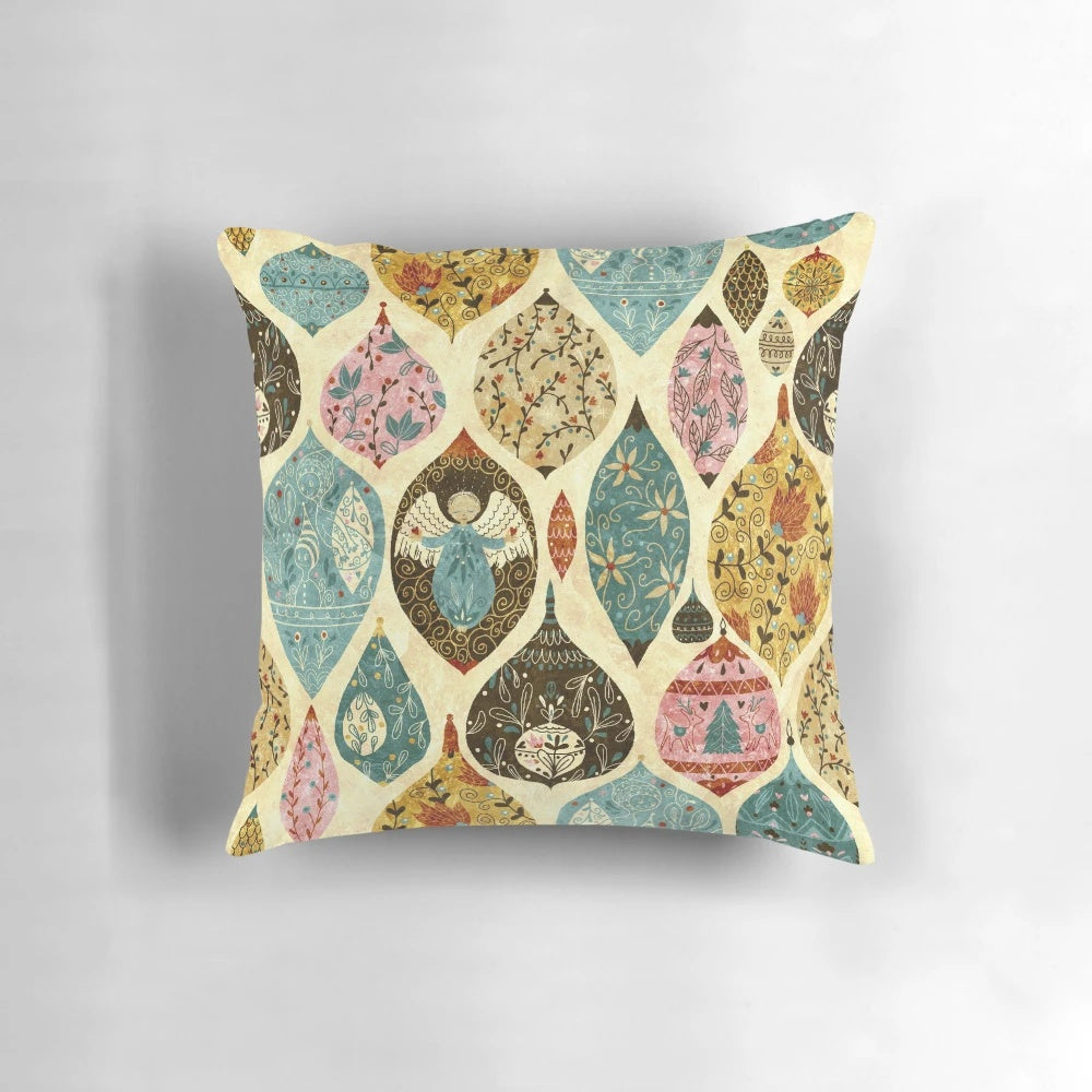 Gold and white patterned Christmas-themed decorative pillow