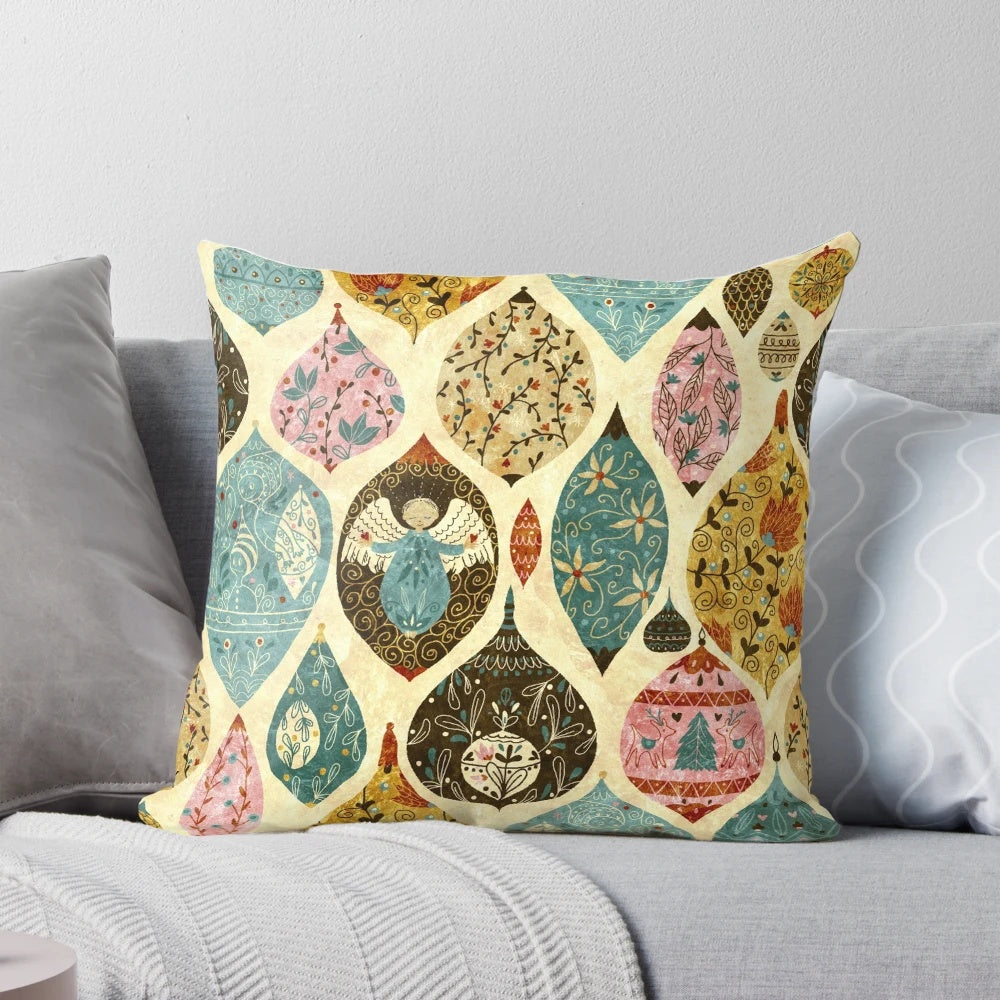 Gold and white patterned Christmas-themed decorative pillow