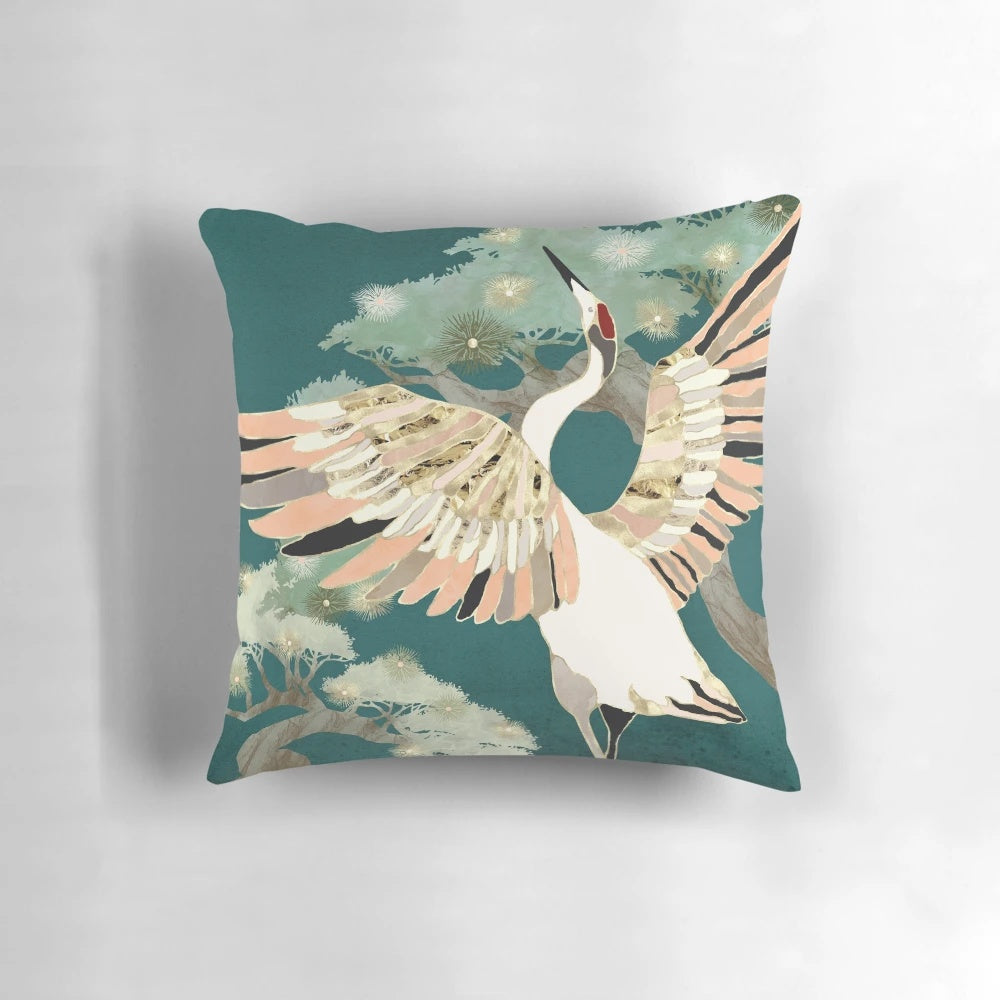 Golden crane artwork design on a decorative pillow for home decor