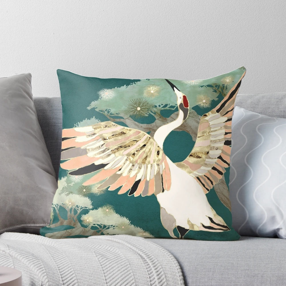 Golden crane artwork design on a decorative pillow for home decor