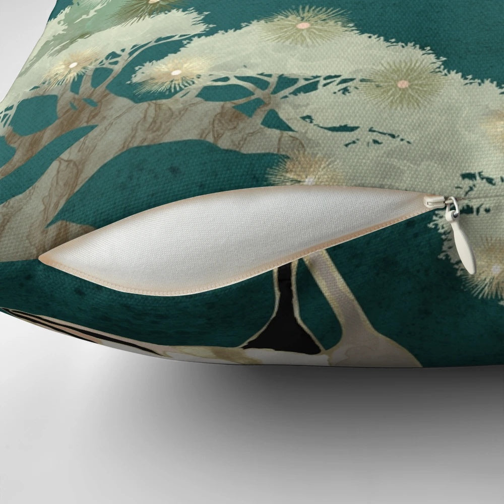 Golden crane artwork design on a decorative pillow for home decor