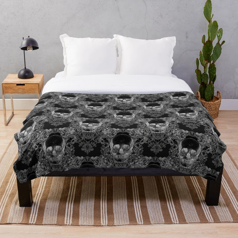 Damask skull pattern plush blanket in a gothic style