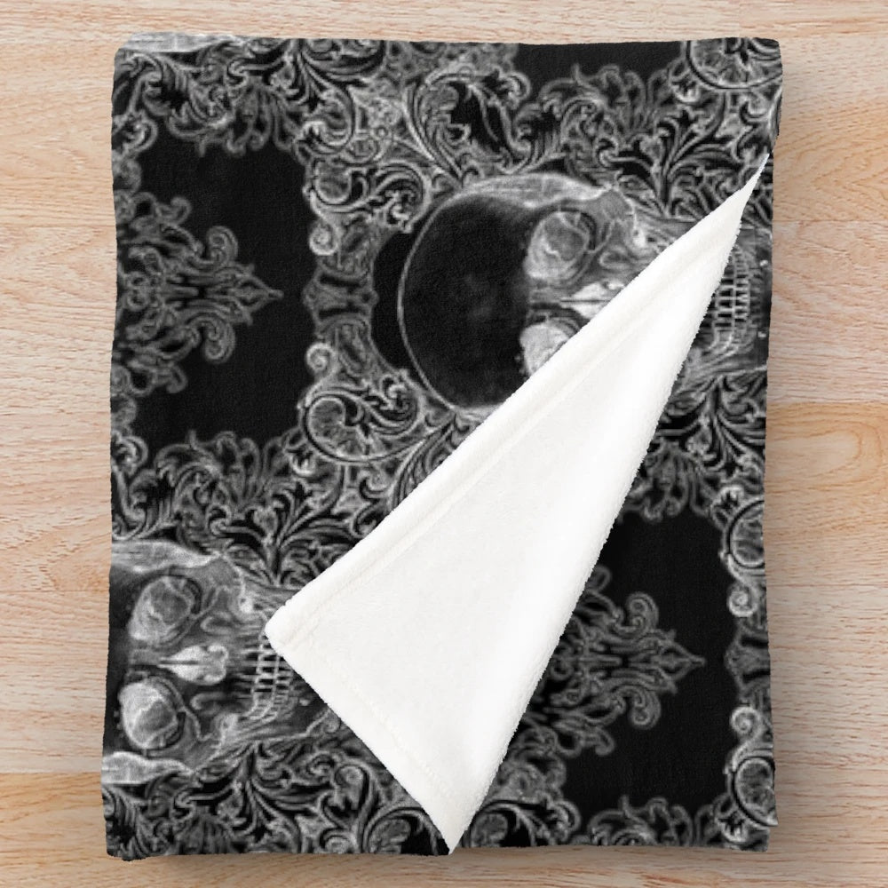 Damask skull pattern plush blanket in a gothic style