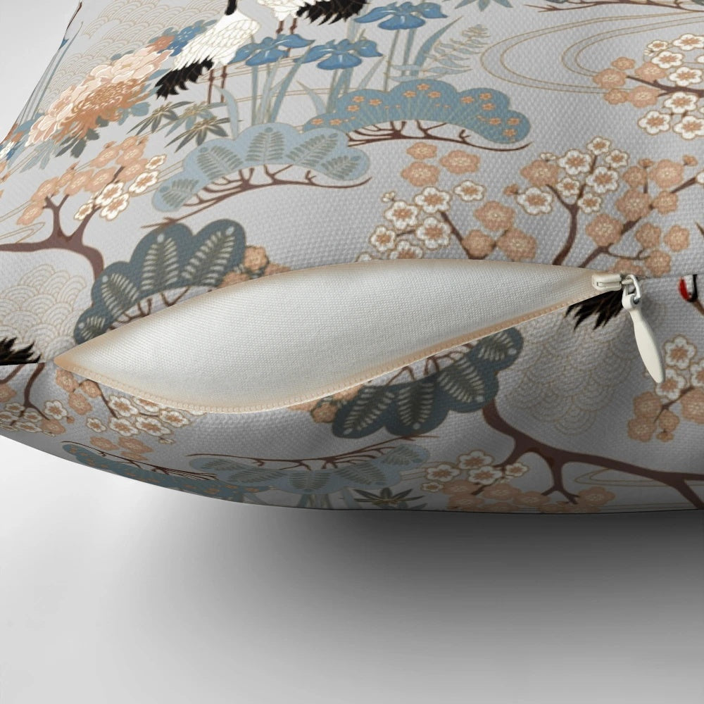 Gray floral pillow with red capped cranes in an Asian-inspired design