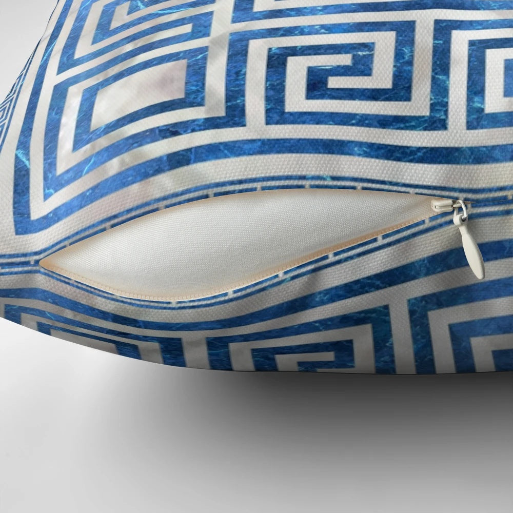Greek key pattern and meander design printed on a blue marble-inspired square pillow