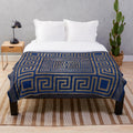 Greek key ornament pattern plush blanket in blue and gold