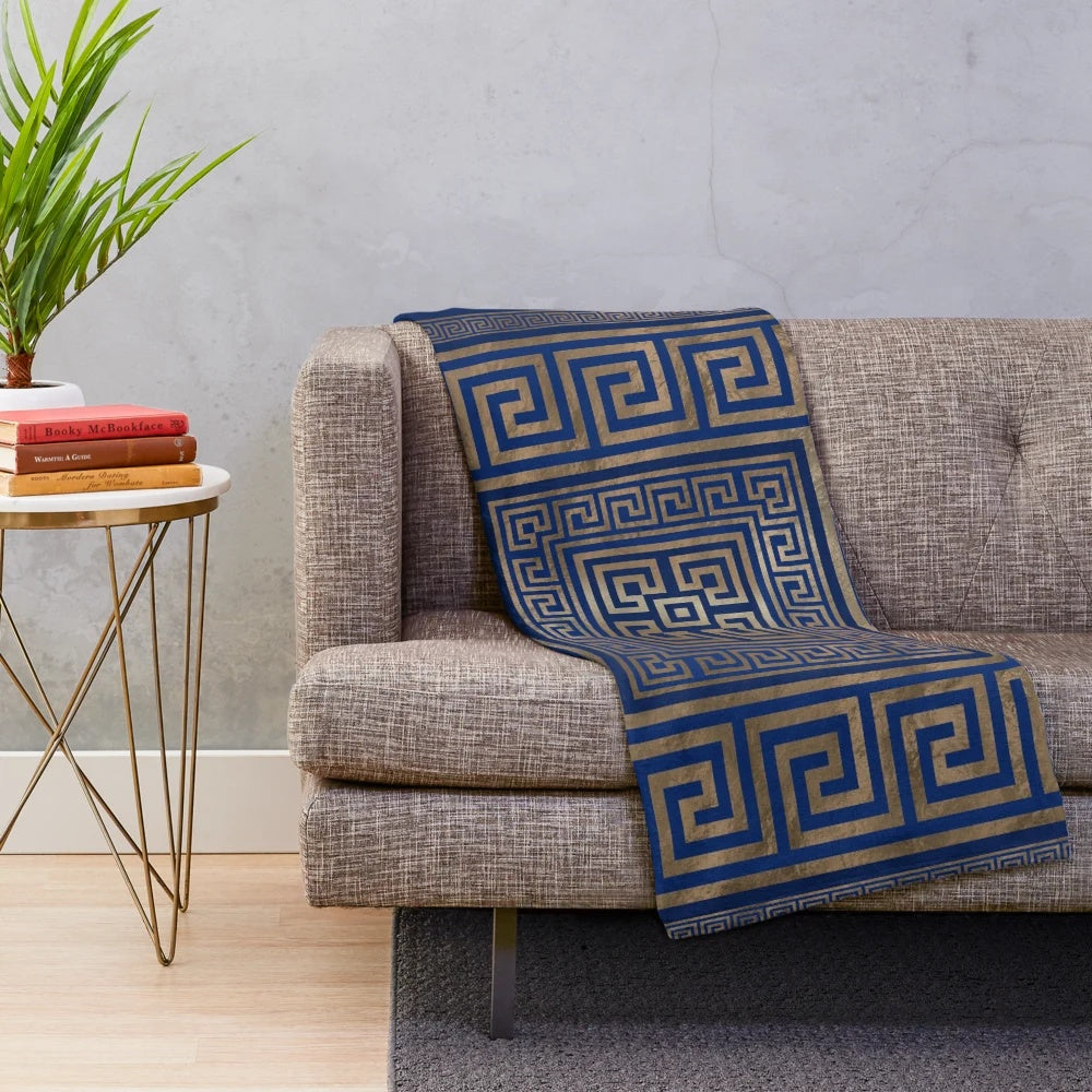 Greek key ornament pattern plush blanket in blue and gold