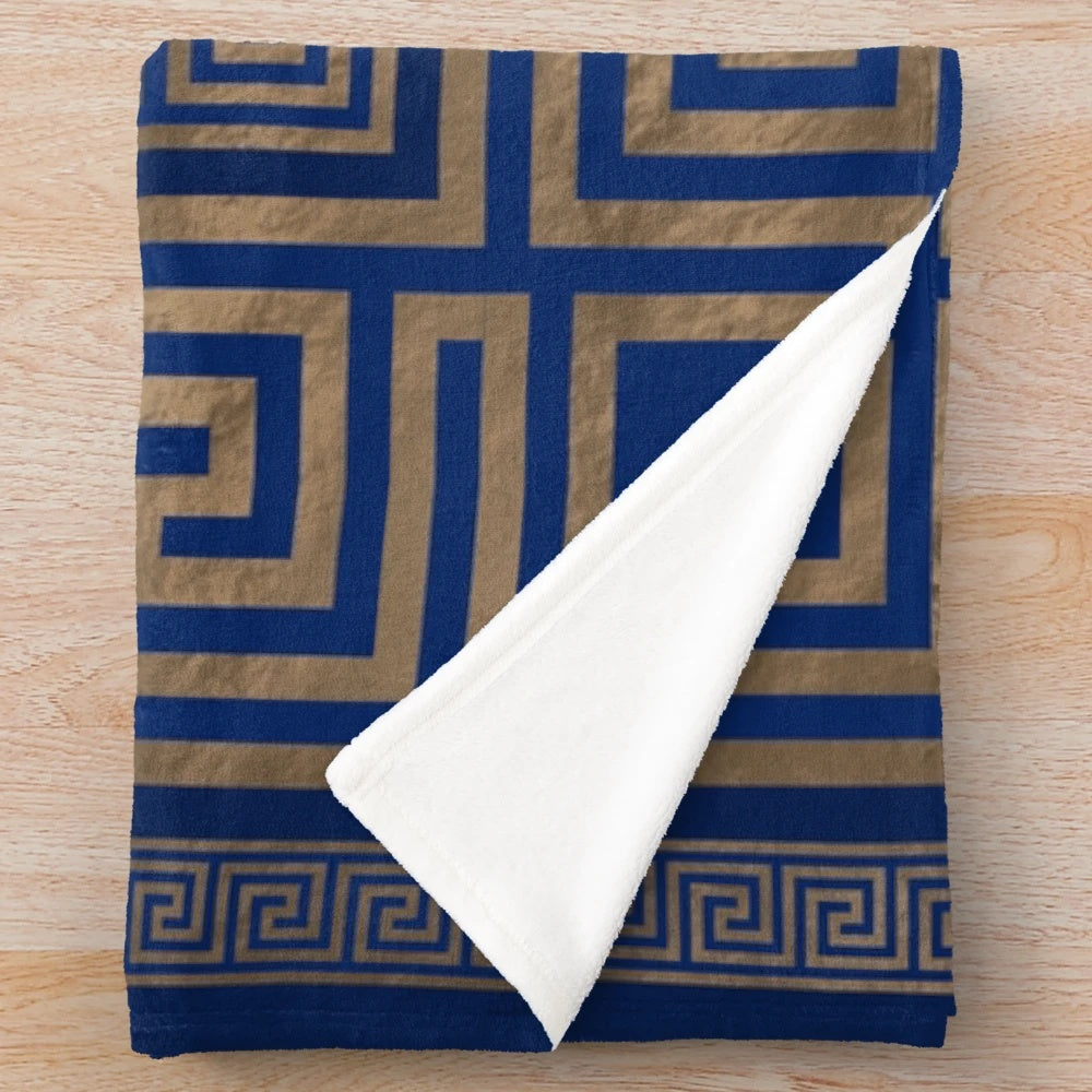 Greek key ornament pattern plush blanket in blue and gold