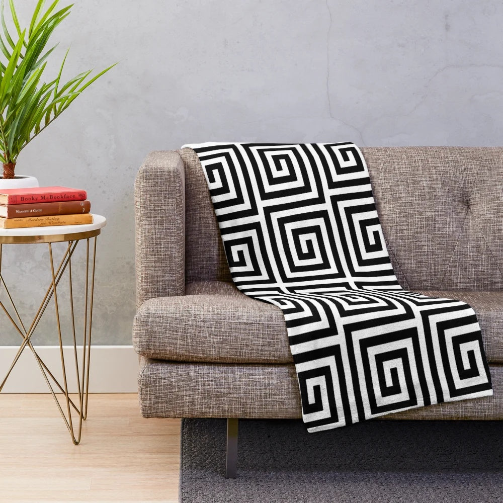 Stylish Greek key pattern plush blanket in black and white