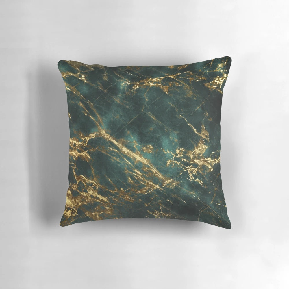 Lavish green faux marble pillow with ornate gold veins in a contemporary, sophisticated design.