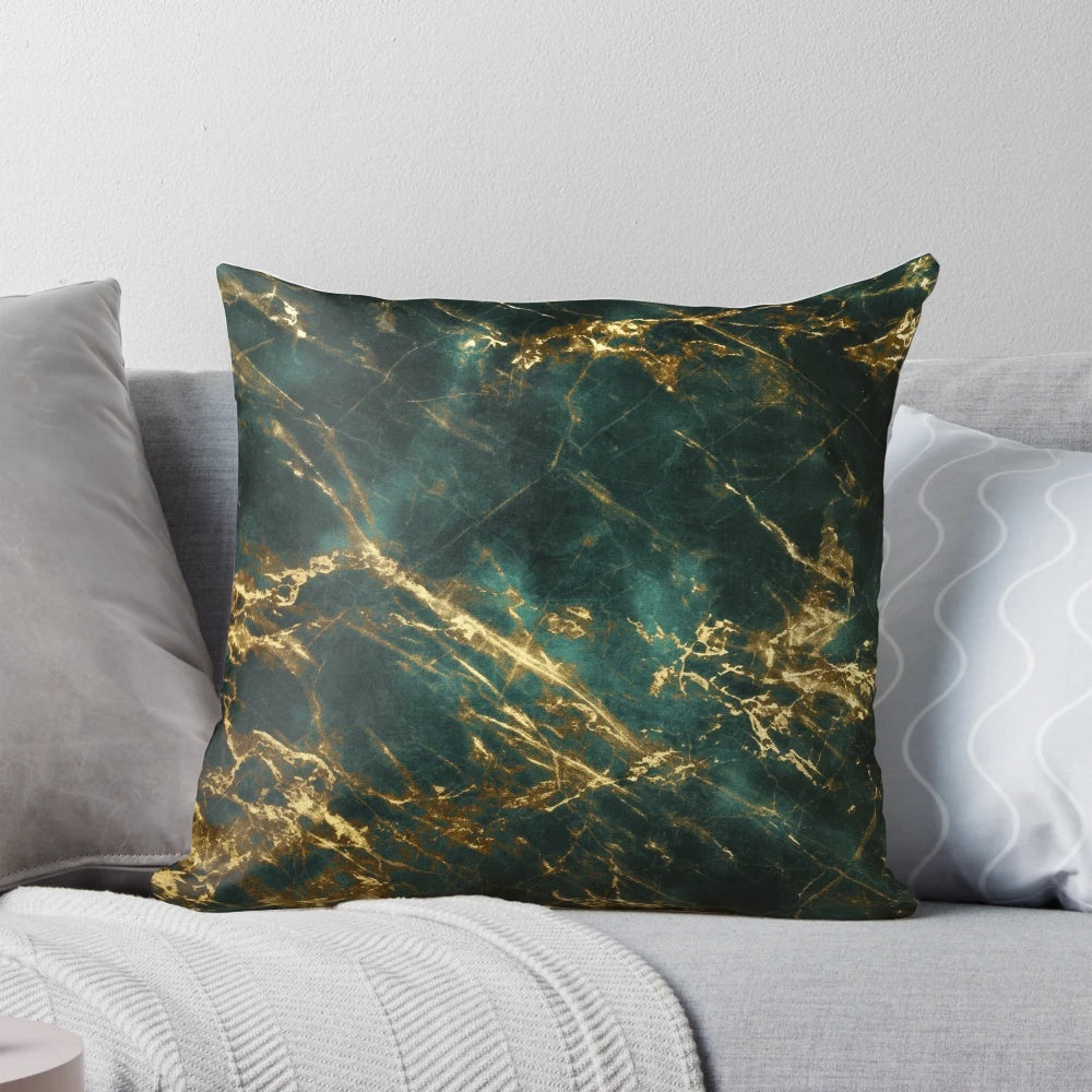 Lavish green faux marble pillow with ornate gold veins in a contemporary, sophisticated design.